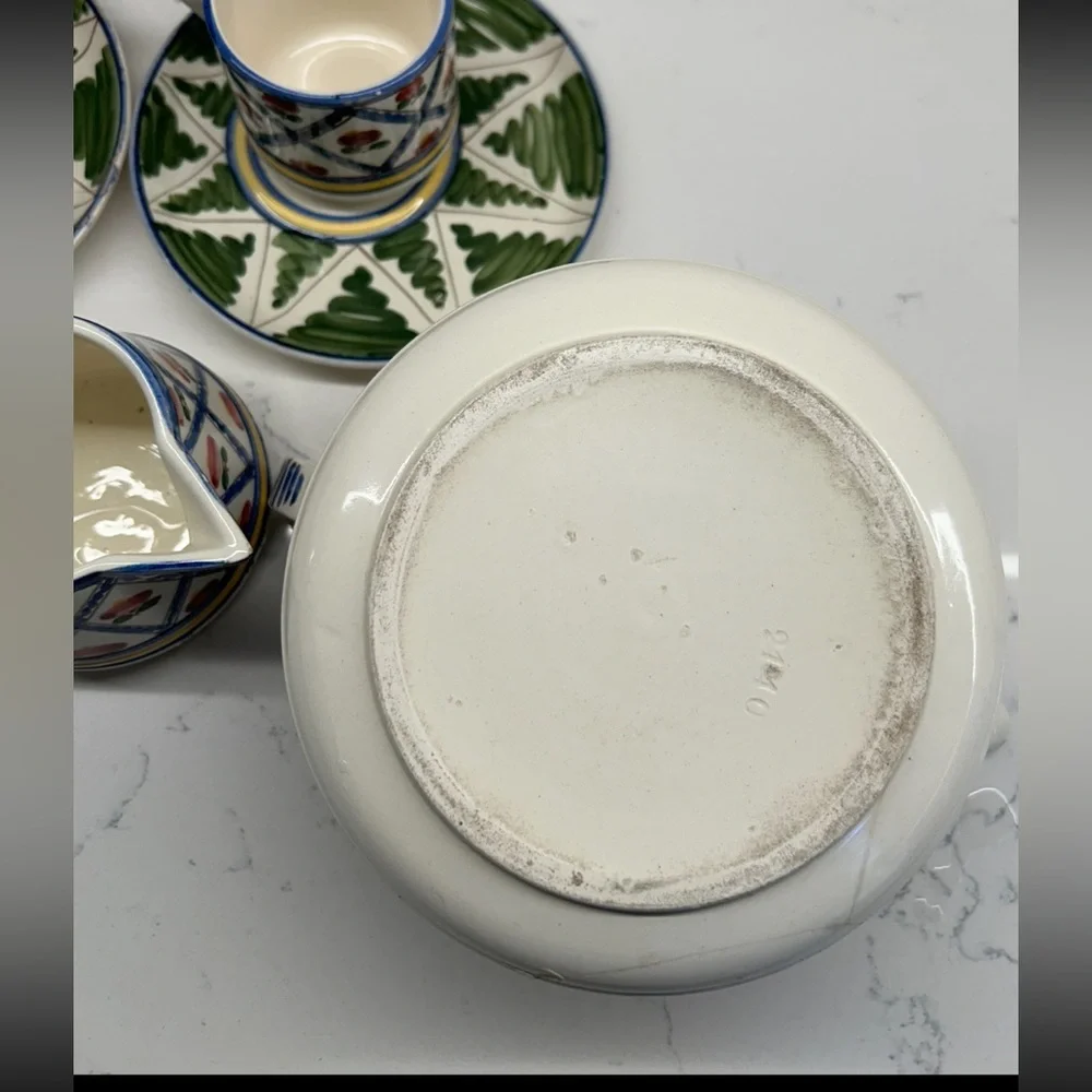Ceramic Vintage Tea Pot Set w/ Creamer, 2 Cups & Saucers in Green, Red & Yellow